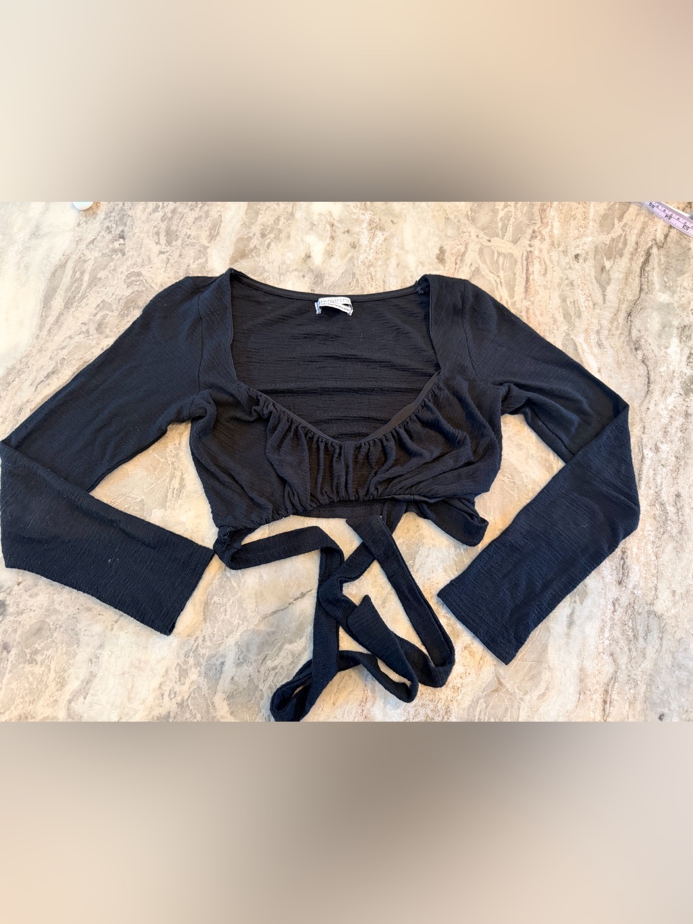 Urban Outfitters Black Ruched Tie Front Crop Top Small Petite Sheer Long Sleeve